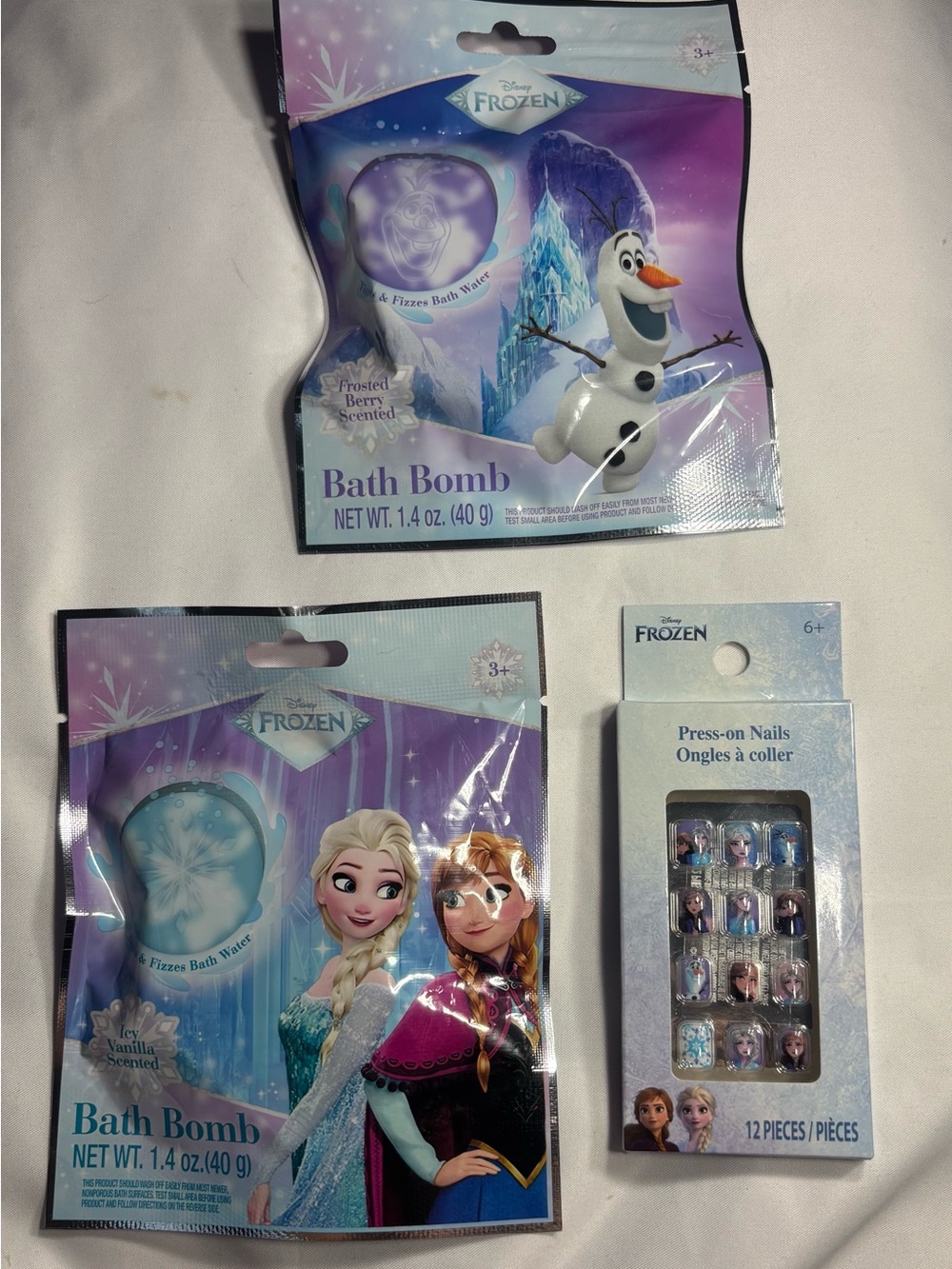 3 New Disney Frozen Bath Bombs & Press-On Nails Set - Purple & Blue